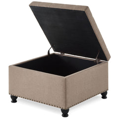 Large square storage ottoman with wooden legs, Upholstered button tufted coffee table with nail trims for for Living Space,Linen