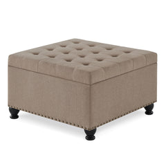 Large square storage ottoman with wooden legs, Upholstered button tufted coffee table with nail trims for for Living Space,Linen
