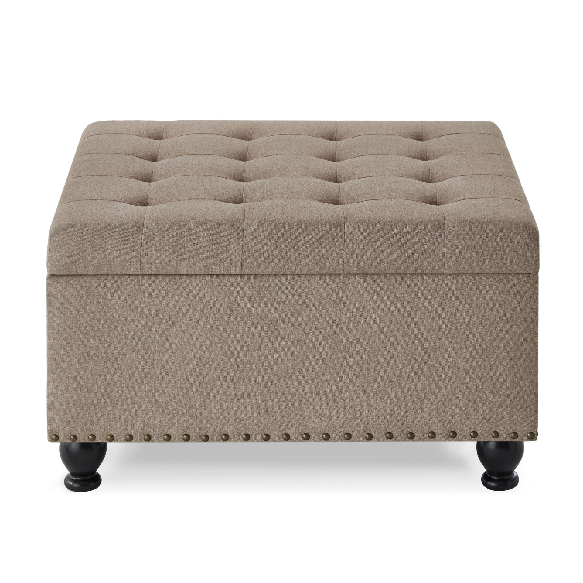 Large square storage ottoman with wooden legs, Upholstered button tufted coffee table with nail trims for for Living Space,Linen
