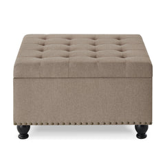 Large square storage ottoman with wooden legs, Upholstered button tufted coffee table with nail trims for for Living Space,Linen