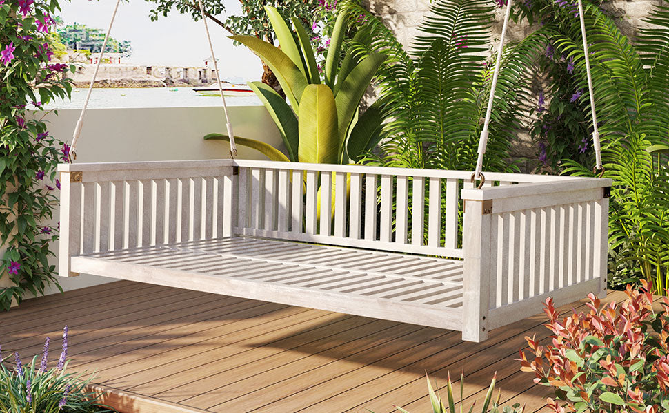 TOPMAX Patio Minimalist Twin Size Garden Swing Bed Wood Porch Swing with Ropes for Backyard, Safe Sloped Design, White