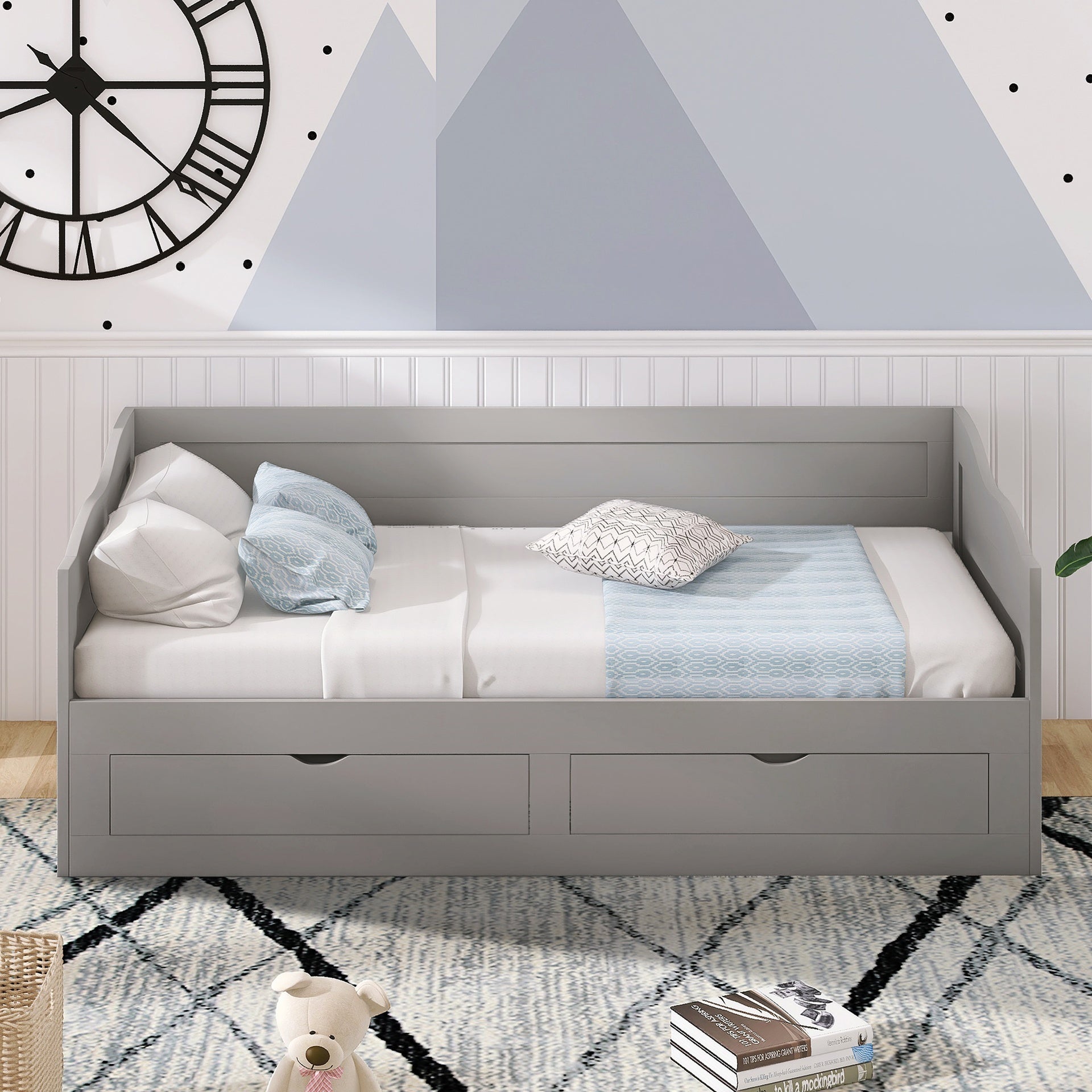 Wooden Daybed with Trundle Bed and Two Storage Drawers , Extendable Bed Daybed,Sofa Bed with Two Drawers, Gray