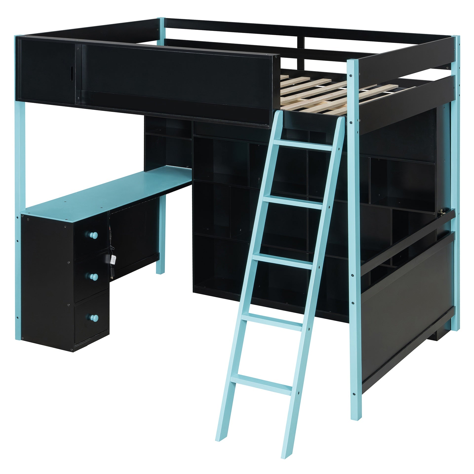 Full Size Wood Loft Bed with Desk, Ample Storage Space and Light, Blue