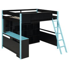 Full Size Wood Loft Bed with Desk, Ample Storage Space and Light, Blue