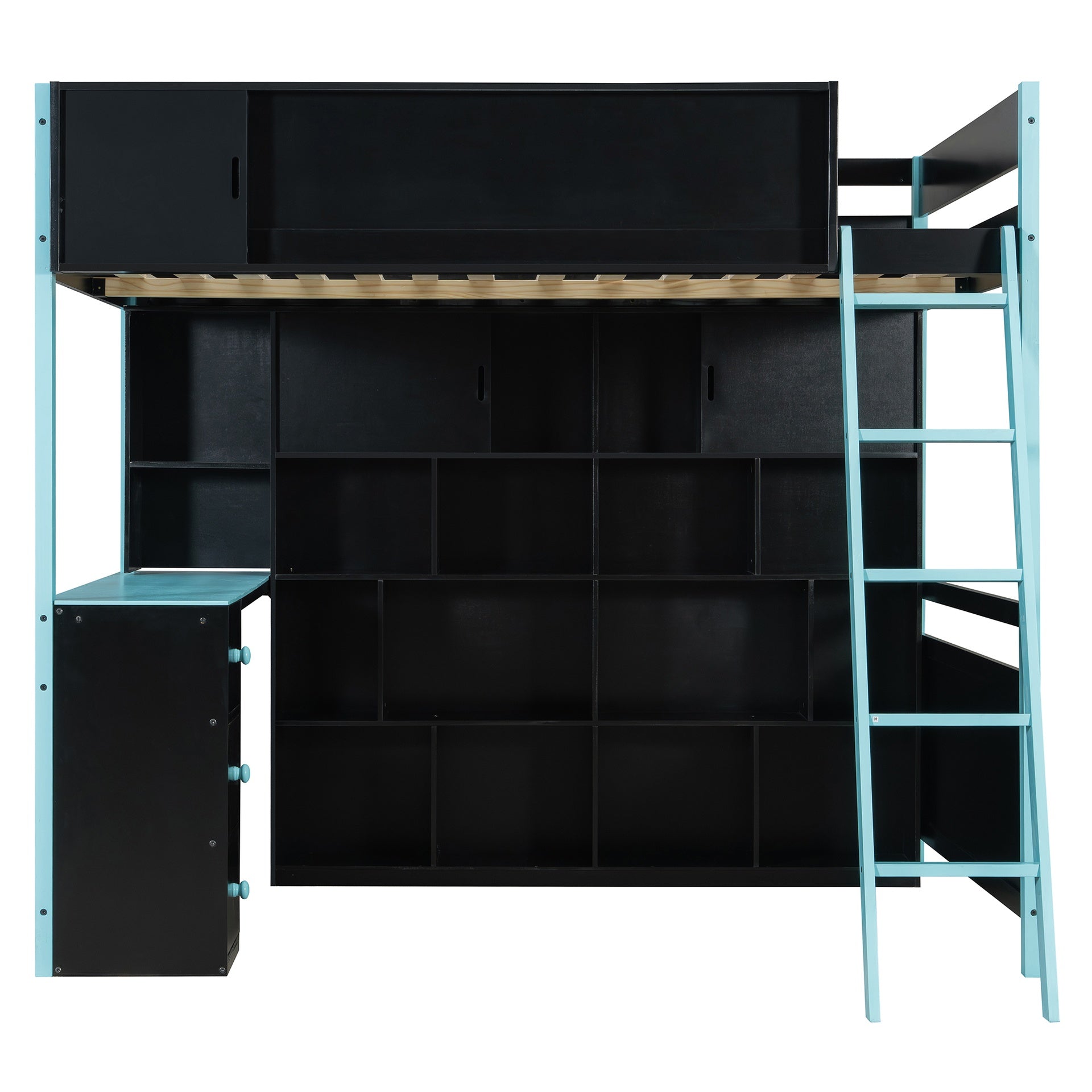 Full Size Wood Loft Bed with Desk, Ample Storage Space and Light, Blue