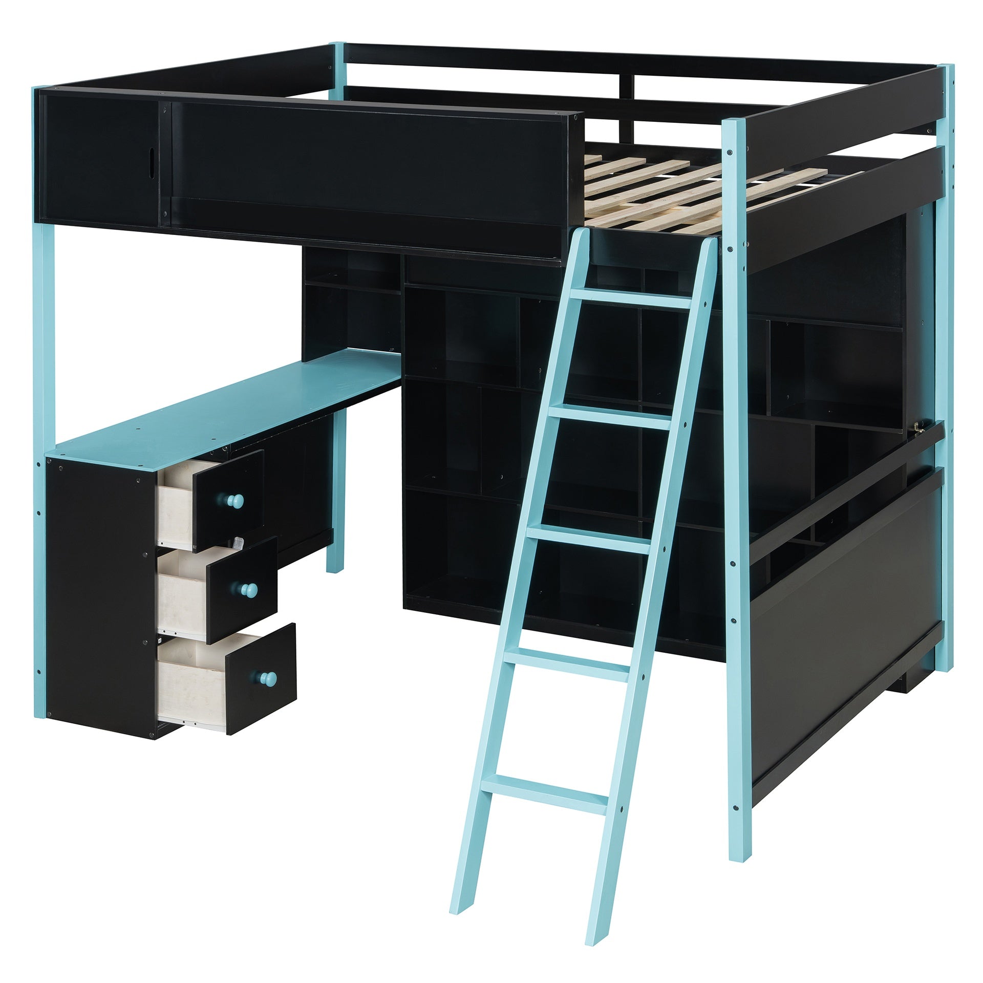 Full Size Wood Loft Bed with Desk, Ample Storage Space and Light, Blue