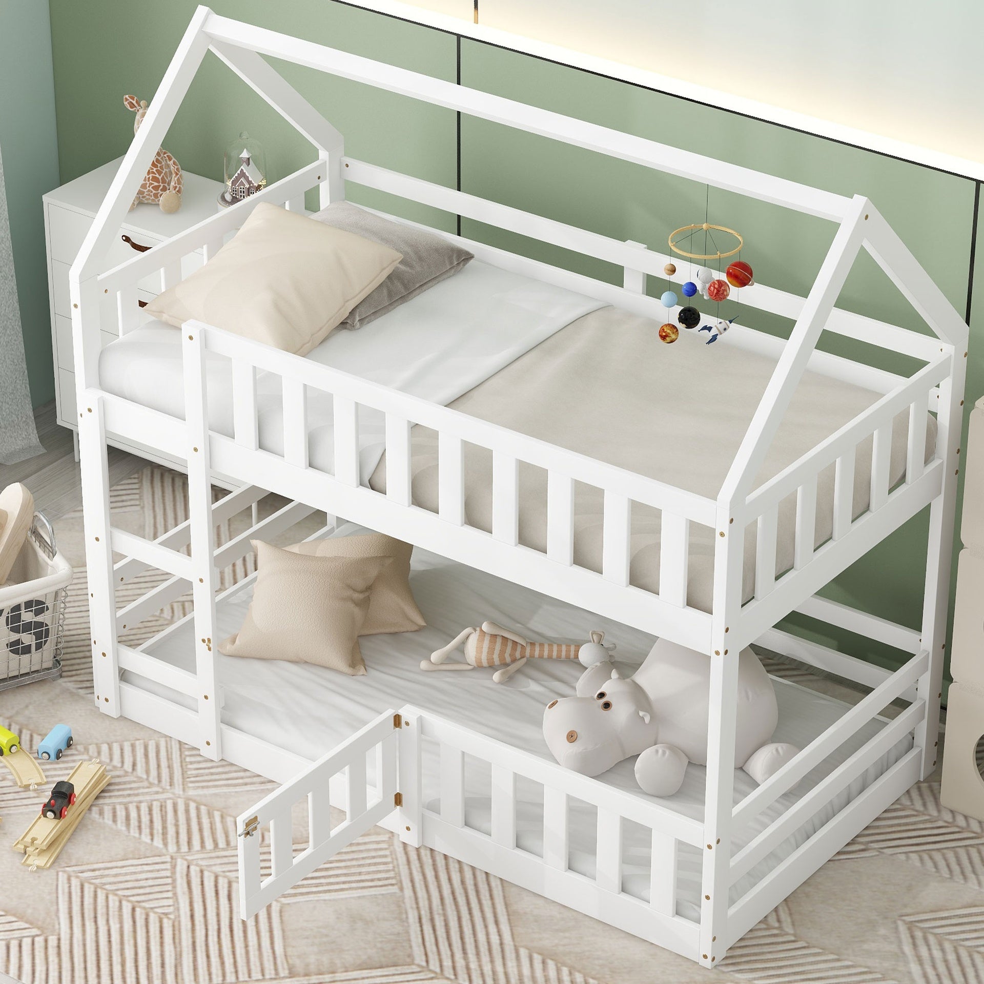Twin over Twin House Bunk Bed with Fence and Door, White(Old SKU:WF313047AAK)