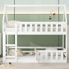 Twin over Twin House Bunk Bed with Fence and Door, White(Old SKU:WF313047AAK)