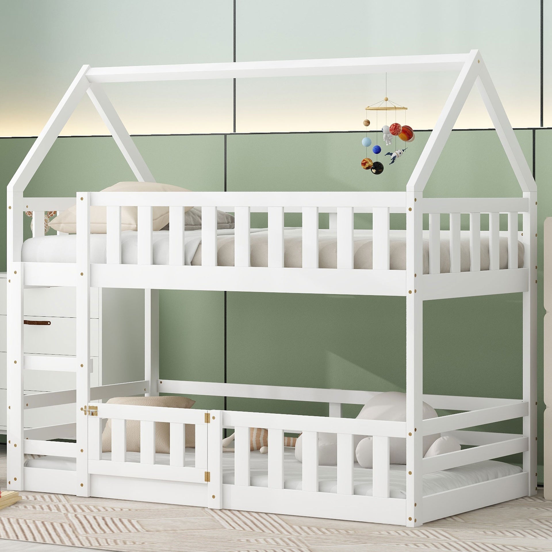 Twin over Twin House Bunk Bed with Fence and Door, White(Old SKU:WF313047AAK)