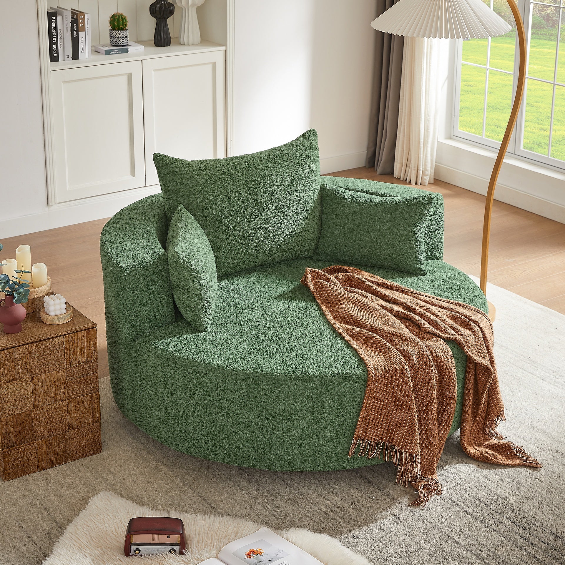 360° Swivel Chair Accent Barrel Chair Swivel Round Sofa Chair with 3 Removable Pillows for Living Room, Bedroom, Office and Hotel, Green
