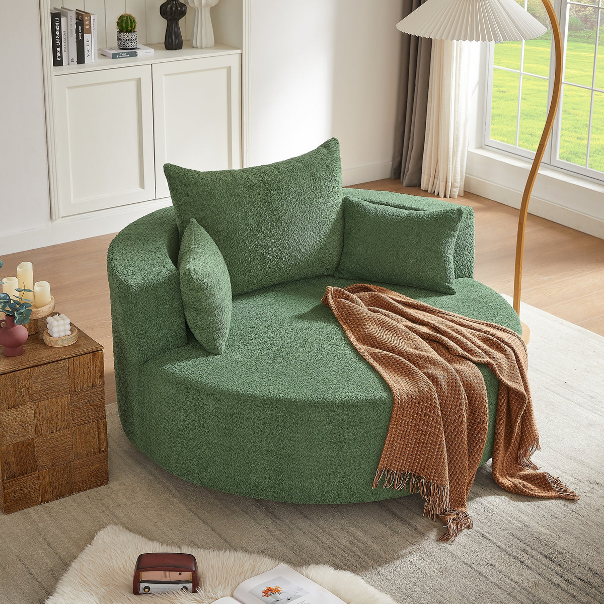 360° Swivel Chair Accent Barrel Chair Swivel Round Sofa Chair with 3 Removable Pillows for Living Room, Bedroom, Office and Hotel, Green