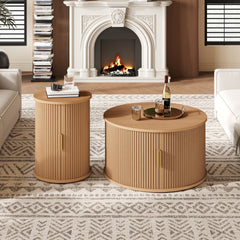 [Assembly Video]Mid-Century Coffee Table Set with Sliding Tambour Door, Round Fluted End Table With Storage, Golden Handle Tall & Low Side Table with Wooden Finish for Living Room, Set of Two ,Natural
