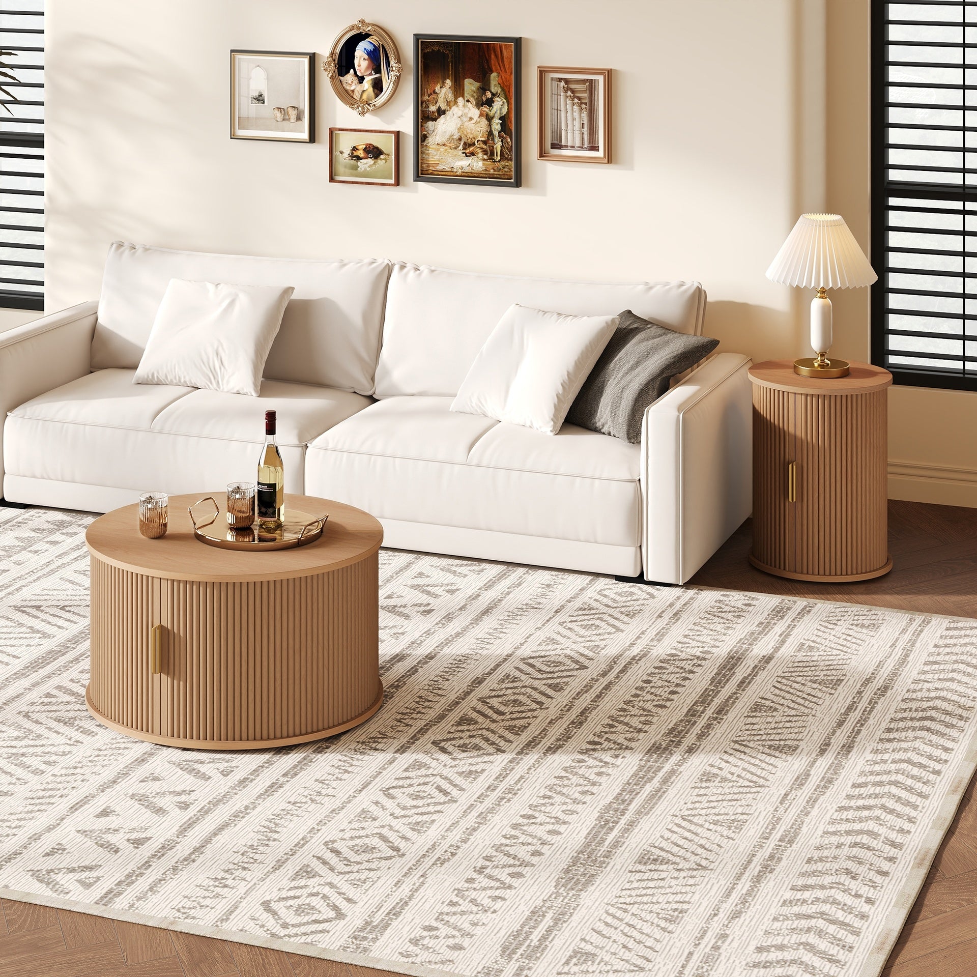[Assembly Video]Mid-Century Coffee Table Set with Sliding Tambour Door, Round Fluted End Table With Storage, Golden Handle Tall & Low Side Table with Wooden Finish for Living Room, Set of Two ,Natural