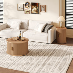 [Assembly Video]Mid-Century Coffee Table Set with Sliding Tambour Door, Round Fluted End Table With Storage, Golden Handle Tall & Low Side Table with Wooden Finish for Living Room, Set of Two ,Natural