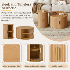 [Assembly Video]Mid-Century Coffee Table Set with Sliding Tambour Door, Round Fluted End Table With Storage, Golden Handle Tall & Low Side Table with Wooden Finish for Living Room, Set of Two ,Natural