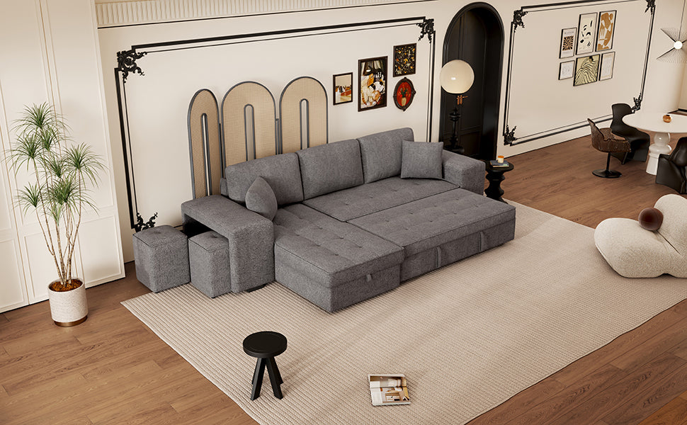 104.5" Modern L-Shape 3 Seat Reversible Sectional Couch, Pull Out Sleeper Sofa with Storage Chaise and 2 Stools for Living Room Furniture Set,Knox Charcoal