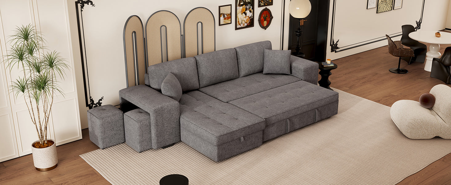 104.5" Modern L-Shape 3 Seat Reversible Sectional Couch, Pull Out Sleeper Sofa with Storage Chaise and 2 Stools for Living Room Furniture Set,Knox Charcoal