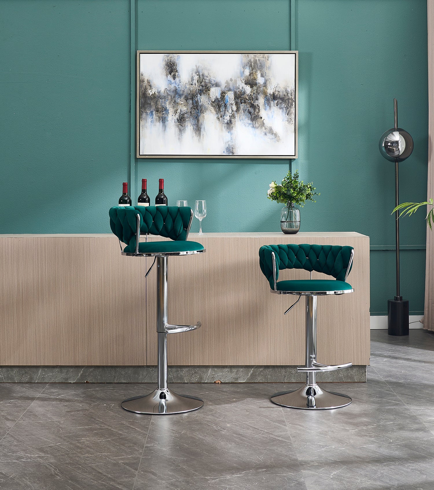 Set of 2 Bar Stools,with Chrome Footrest and Base Swivel Height Adjustable Mechanical Lifting Velvet + Chrome  Leg Simple Bar Stool-GREEN
