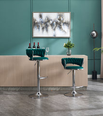 Set of 2 Bar Stools,with Chrome Footrest and Base Swivel Height Adjustable Mechanical Lifting Velvet + Chrome  Leg Simple Bar Stool-GREEN