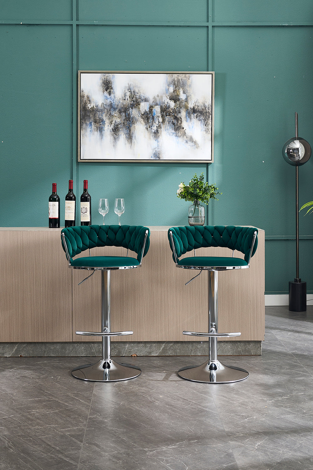 Set of 2 Bar Stools,with Chrome Footrest and Base Swivel Height Adjustable Mechanical Lifting Velvet + Chrome  Leg Simple Bar Stool-GREEN