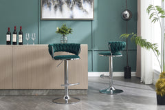 Set of 2 Bar Stools,with Chrome Footrest and Base Swivel Height Adjustable Mechanical Lifting Velvet + Chrome  Leg Simple Bar Stool-GREEN