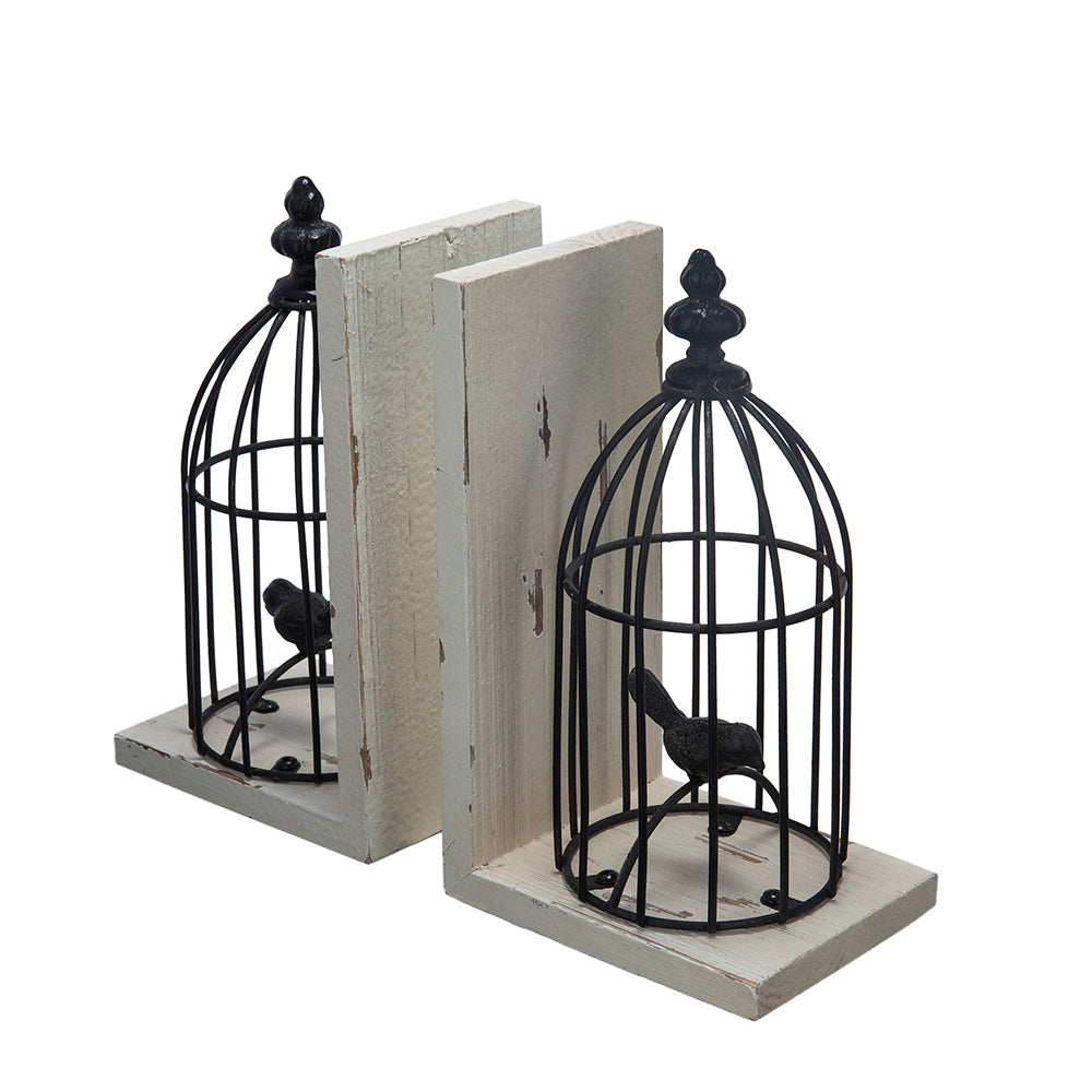 S/2 5.5x4.5x10"  Distressed Black Bird Cage Bookend, Antique white