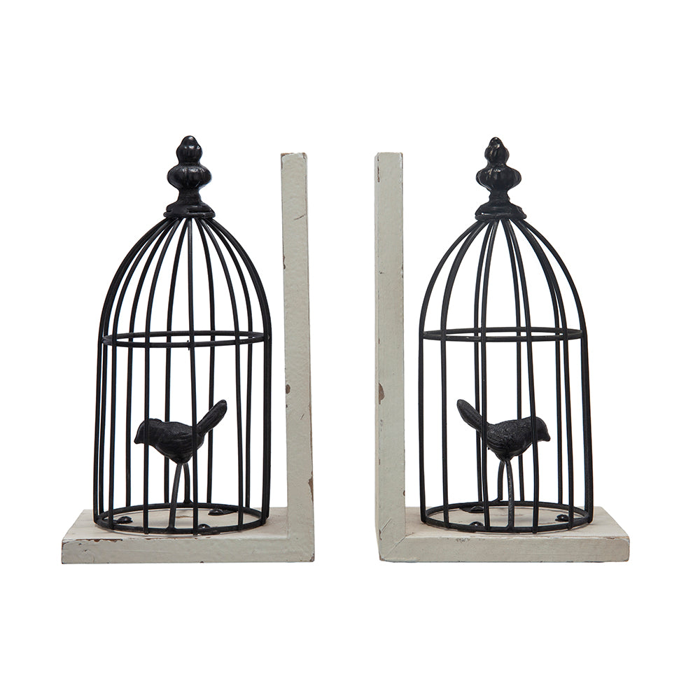 S/2 5.5x4.5x10"  Distressed Black Bird Cage Bookend, Antique white