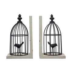S/2 5.5x4.5x10"  Distressed Black Bird Cage Bookend, Antique white
