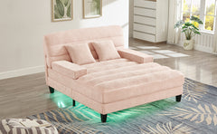 Modern Chaise Lounge Sofa 57.1" Sofa Bed Chenille Upholstered Lounge Sofa Chair with Adjustable Backrest and LED Light Strip for Living Room, Pink