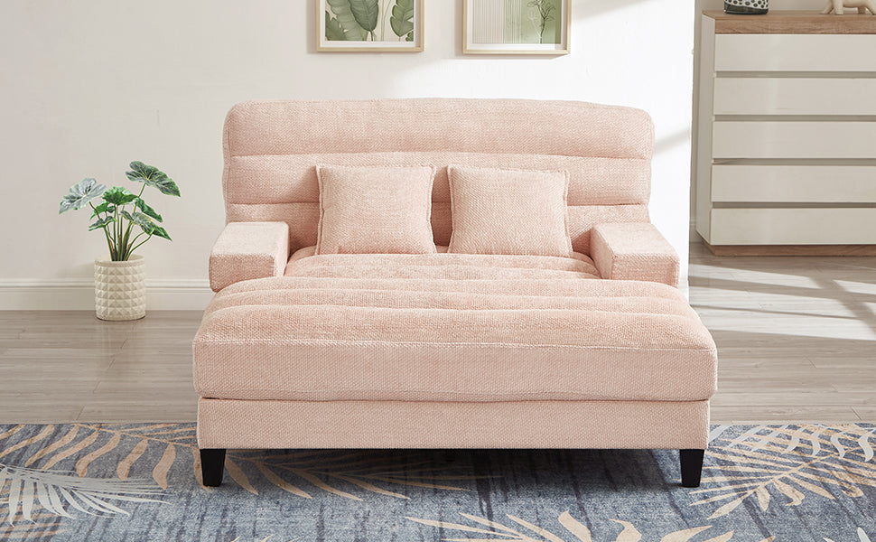 Modern Chaise Lounge Sofa 57.1" Sofa Bed Chenille Upholstered Lounge Sofa Chair with Adjustable Backrest and LED Light Strip for Living Room, Pink