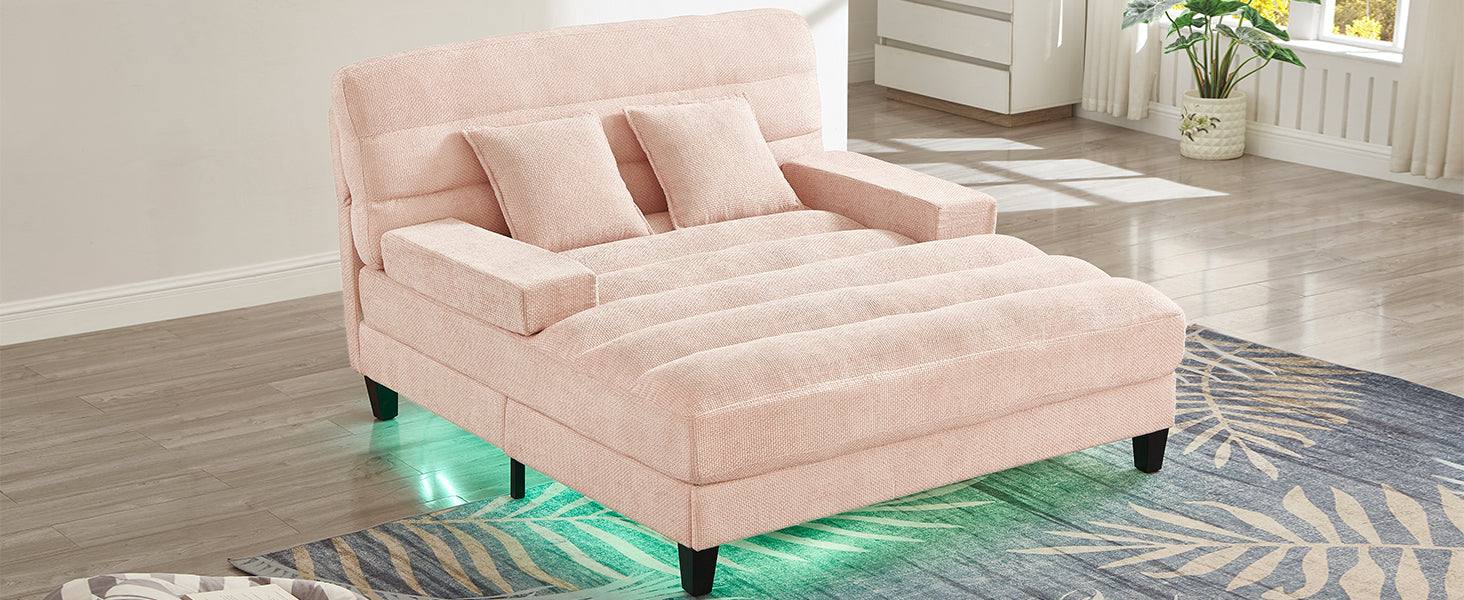 Modern Chaise Lounge Sofa 57.1" Sofa Bed Chenille Upholstered Lounge Sofa Chair with Adjustable Backrest and LED Light Strip for Living Room, Pink