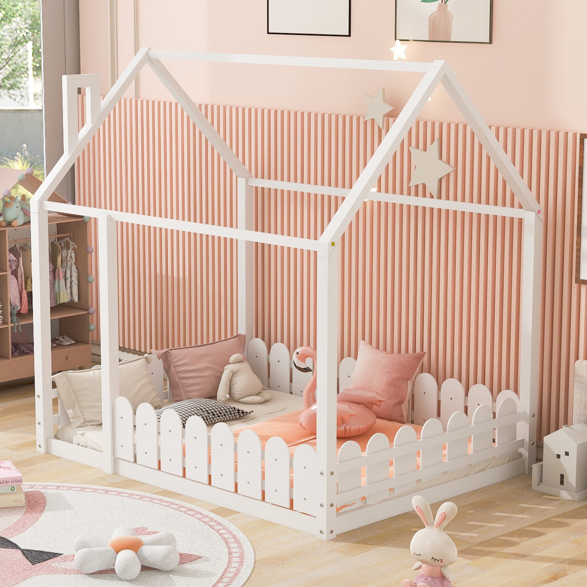 Full Size Wood Bed House Bed Frame with Fence,for Kids,Teens,Girls,Boys (White )(Slats are not included)