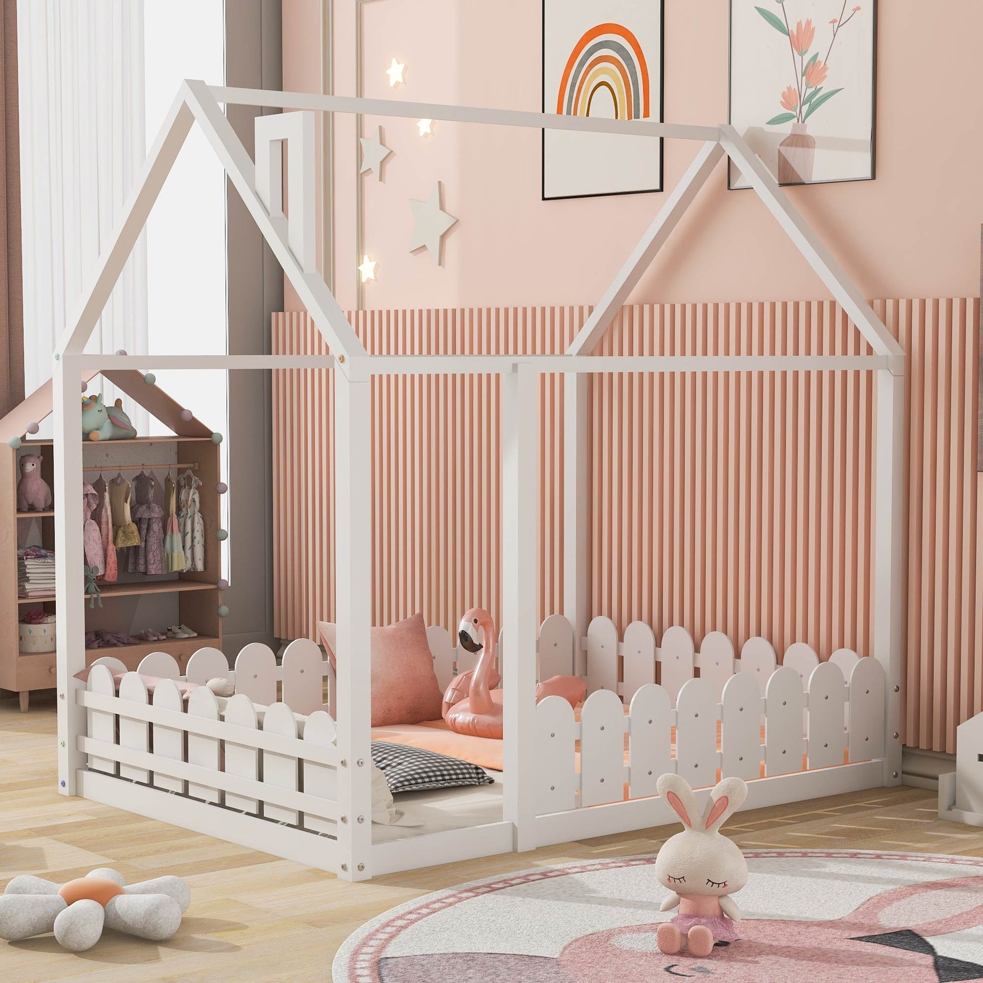 Full Size Wood Bed House Bed Frame with Fence,for Kids,Teens,Girls,Boys (White )(Slats are not included)