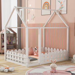 Full Size Wood Bed House Bed Frame with Fence,for Kids,Teens,Girls,Boys (White )(Slats are not included)