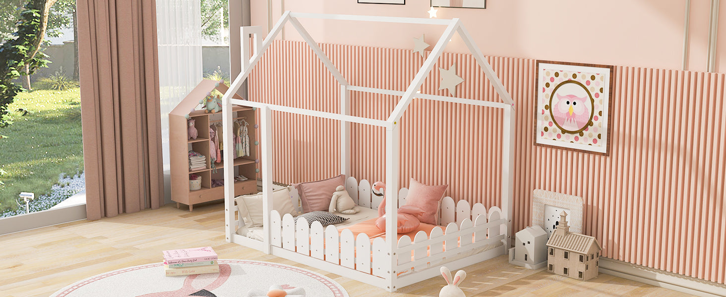 Full Size Wood Bed House Bed Frame with Fence,for Kids,Teens,Girls,Boys (White )(Slats are not included)