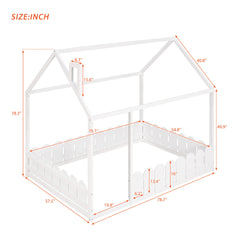 Full Size Wood Bed House Bed Frame with Fence,for Kids,Teens,Girls,Boys (White )(Slats are not included)