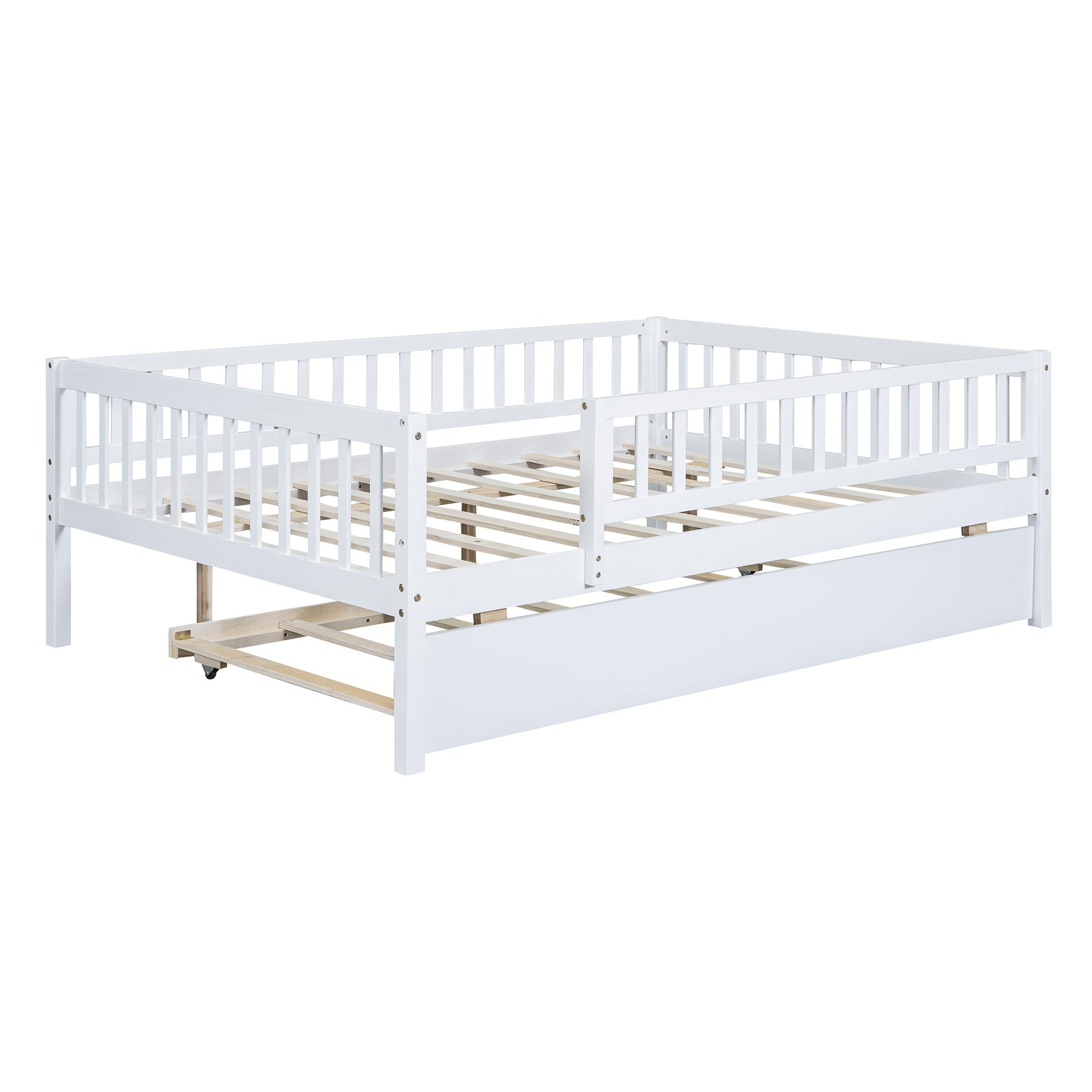 Full Size Wood Daybed with Trundle and Fence Guardrails, White