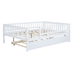 Full Size Wood Daybed with Trundle and Fence Guardrails, White