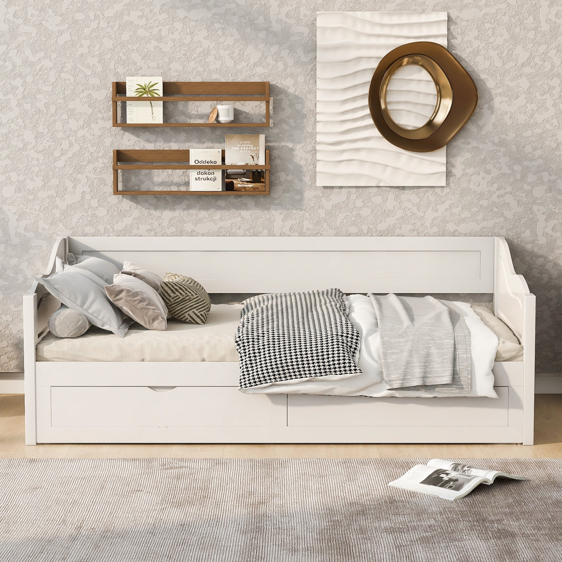 Wooden Daybed with Trundle Bed and Two Storage Drawers , Extendable Bed Daybed,Sofa Bed with Two Drawers, White