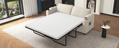 72.8" Corduroy Sleeper Sofa Loveseat Sofa with Full Size Mattress, Two USB Ports, Two Cup Holders, Two Side Pockets and a Phone Holder for Living Room, Beige