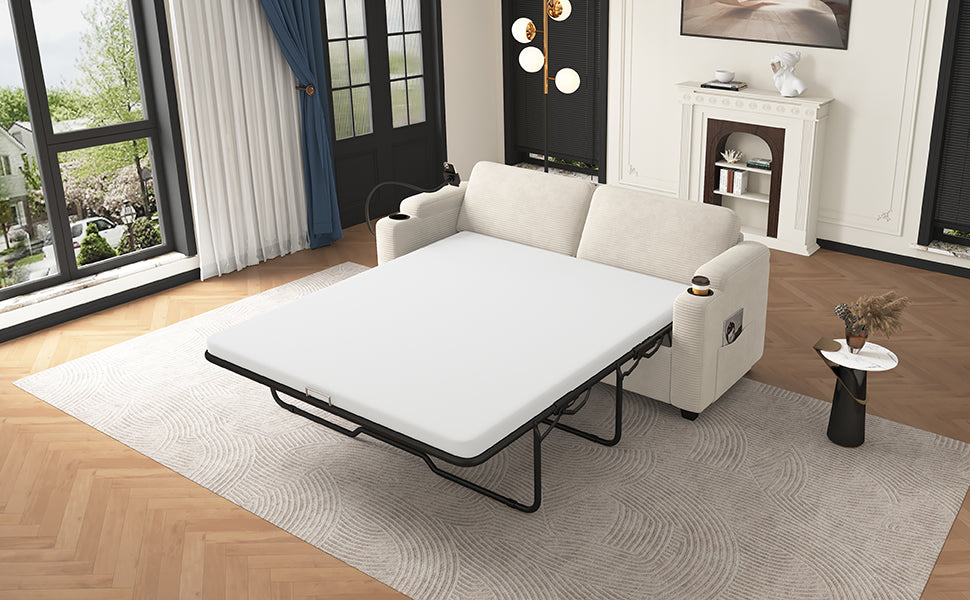 72.8" Corduroy Sleeper Sofa Loveseat Sofa with Full Size Mattress, Two USB Ports, Two Cup Holders, Two Side Pockets and a Phone Holder for Living Room, Beige