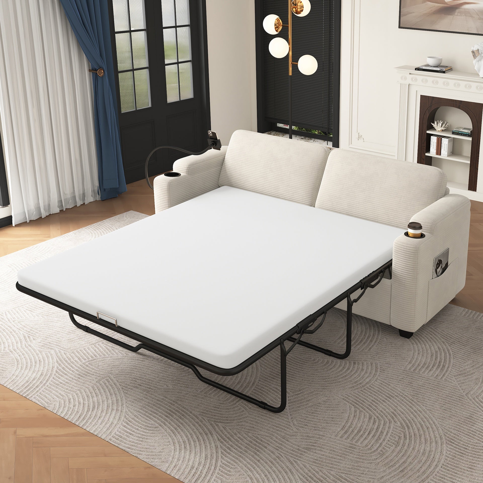 72.8" Corduroy Sleeper Sofa Loveseat Sofa with Full Size Mattress, Two USB Ports, Two Cup Holders, Two Side Pockets and a Phone Holder for Living Room, Beige