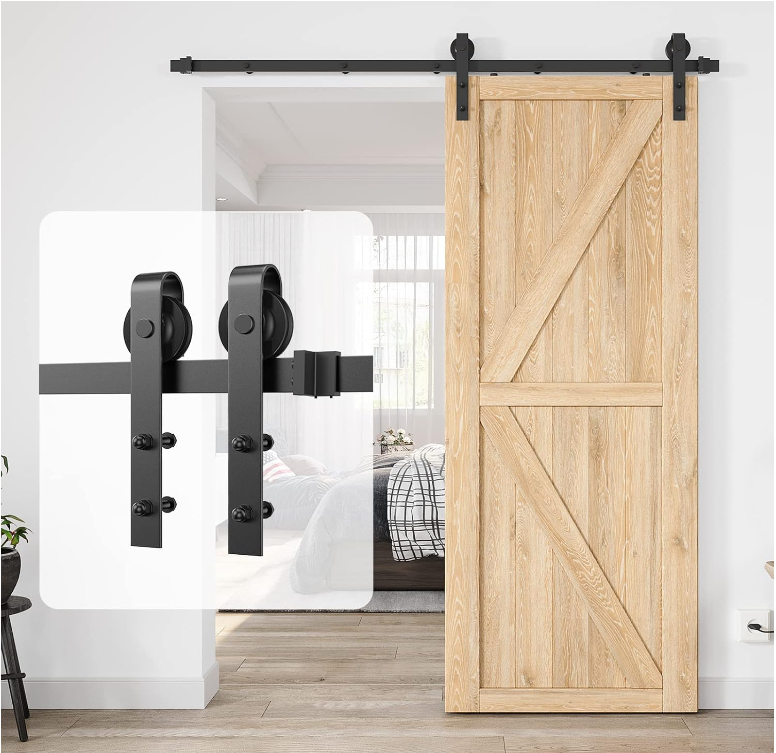 10FT Wood Double Sliding Barn Door Hardware Basic Black Big Spoke Wheel Roller Kit, 5-18FT for Choose