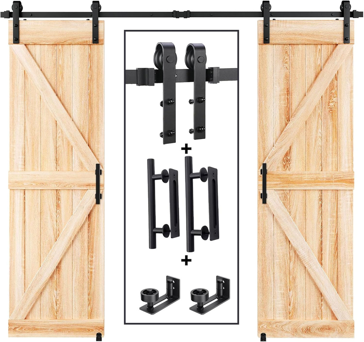 10FT Wood Double Sliding Barn Door Hardware Basic Black Big Spoke Wheel Roller Kit, 5-18FT for Choose