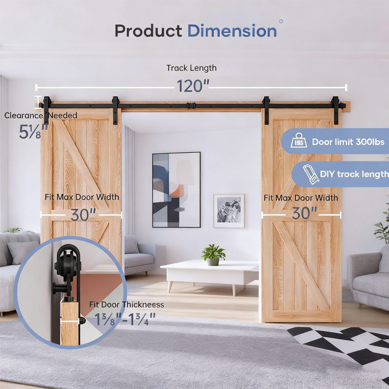 10FT Wood Double Sliding Barn Door Hardware Basic Black Big Spoke Wheel Roller Kit, 5-18FT for Choose