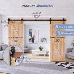 10FT Wood Double Sliding Barn Door Hardware Basic Black Big Spoke Wheel Roller Kit, 5-18FT for Choose