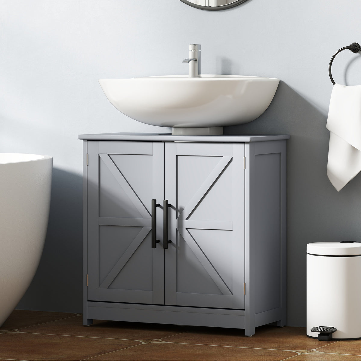 Pedestal Sink Storage Cabinet, Bathroom Sink Cabinet with 2 Barn Doors and Adjustable Shelf,Dark Gray  (Without washbasin)