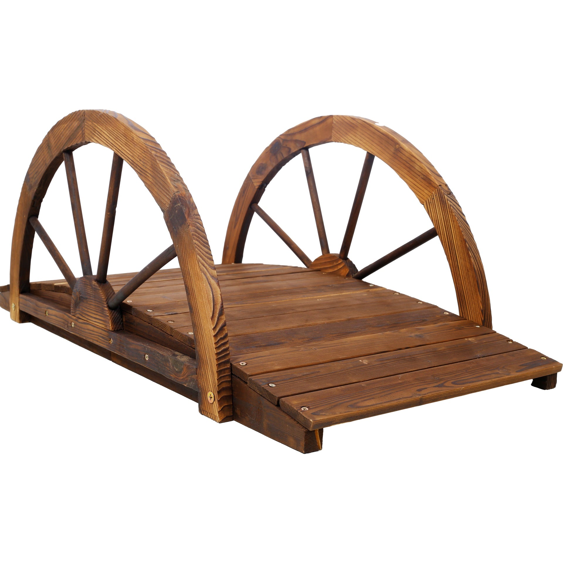 3.3ft Wooden Garden Bridge Arc Footbridge with Half-Wheel Style Railings & Solid Fir Construction, Stained Wood