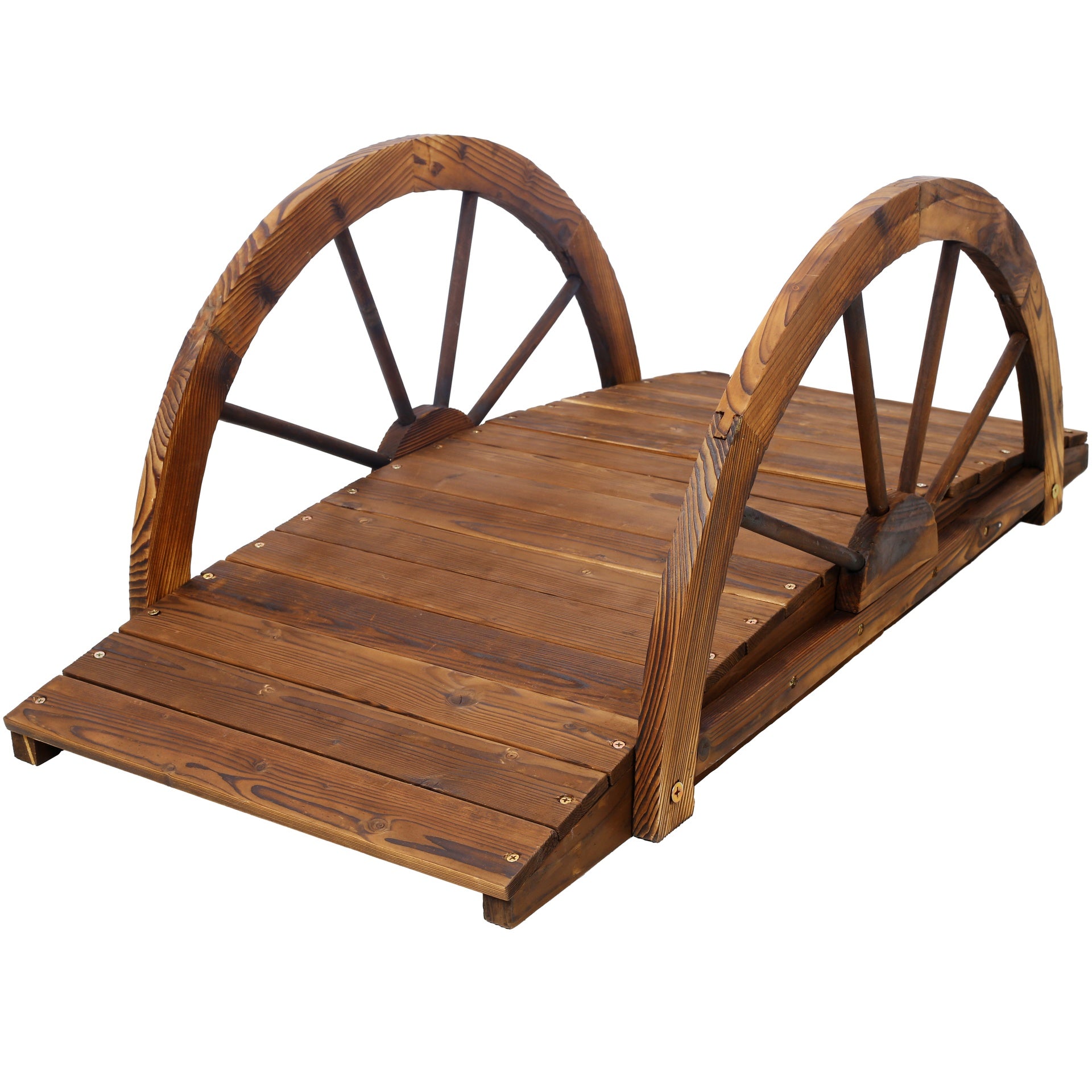 3.3ft Wooden Garden Bridge Arc Footbridge with Half-Wheel Style Railings & Solid Fir Construction, Stained Wood