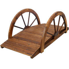 3.3ft Wooden Garden Bridge Arc Footbridge with Half-Wheel Style Railings & Solid Fir Construction, Stained Wood